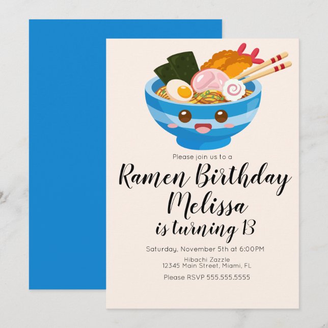 Invitation Cute Pho Ramen Oriental d'anniversaire Dîner Bleu (Devant / Derrière)