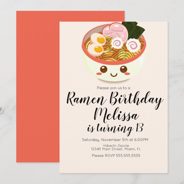 Invitation Cute Pho Ramen Oriental de fête d'anniversaire B (Devant / Derrière)