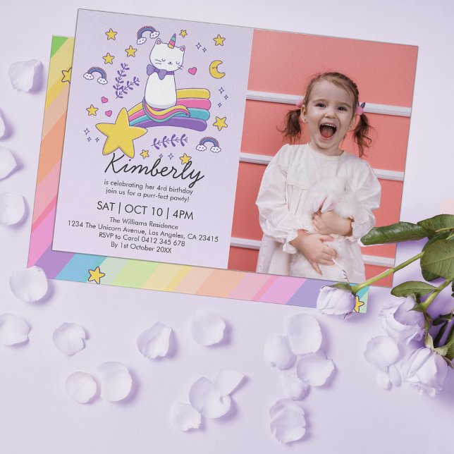 Invitation Cute Photo Unicorn Chat Anniversaire de enfant Par (Créateur téléchargé)