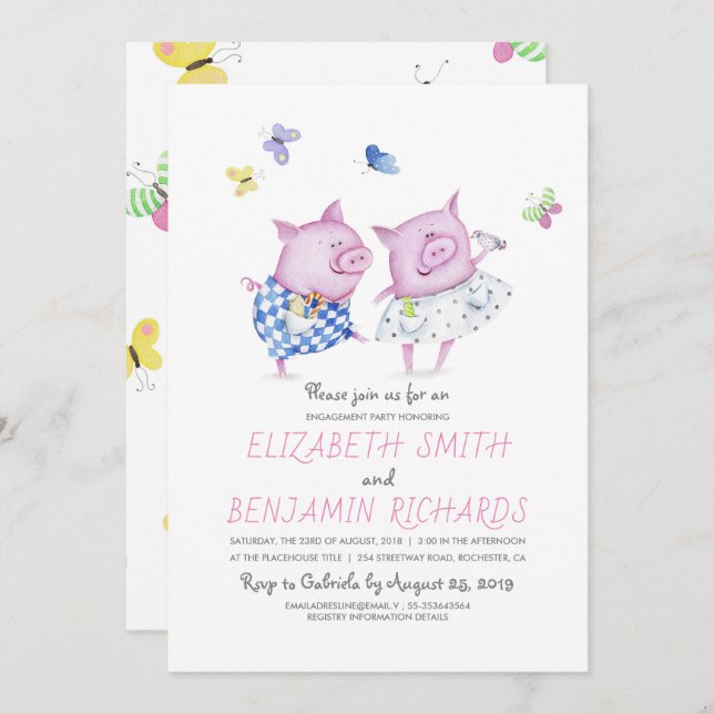 Invitation Cute Pigs Couple Sweet Engagement Party (Devant / Derrière)
