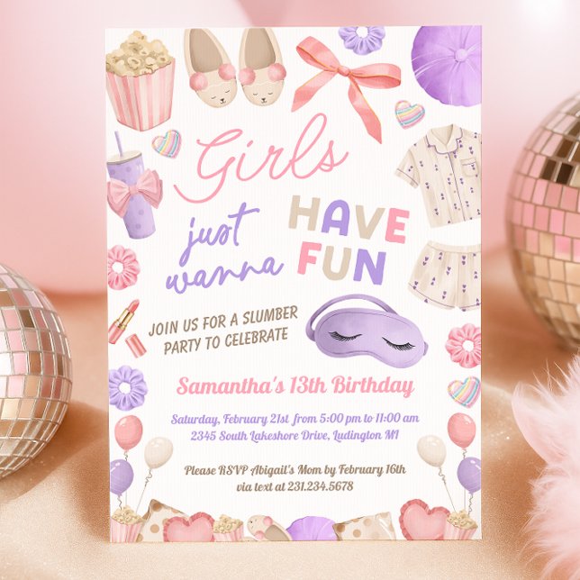 Invitation Cute Pink and Purple Slumber Party Birthday (Sleepover Birthday Party Invitation)