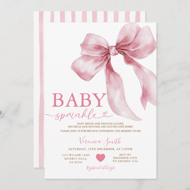 Invitation Cute Pink Bow Coquette Baby Sprinkle Baby Shower (Devant / Derrière)