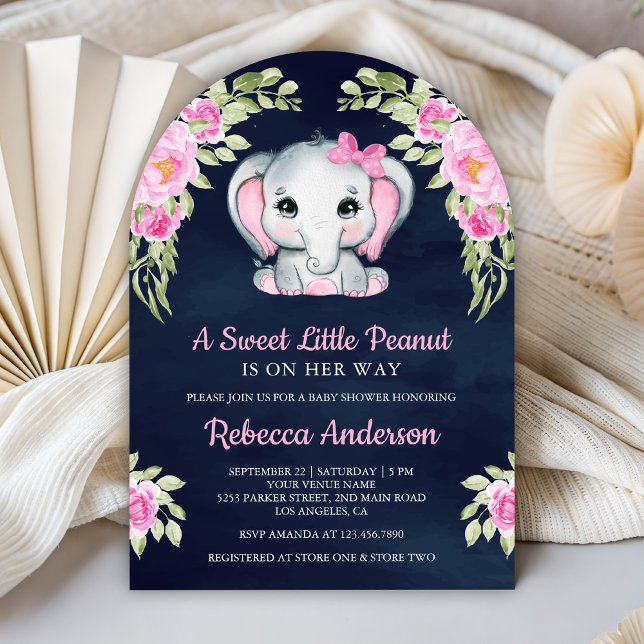 Invitation Cute Pink Bow Floral Elephant Navy Baby Shower (Créateur téléchargé)
