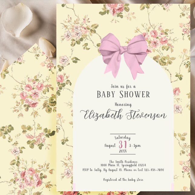 Invitation Cute Pink Bow Girly Floral Yellow Baby Shower (Créateur téléchargé)