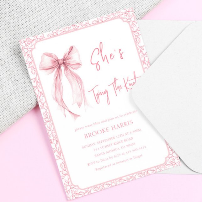 Invitation Cute Pink Bow She's Tying The Knot Bridal Shower (Créateur téléchargé)