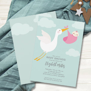 Invitation Cute Pink Bundle Stork Baby shower fille