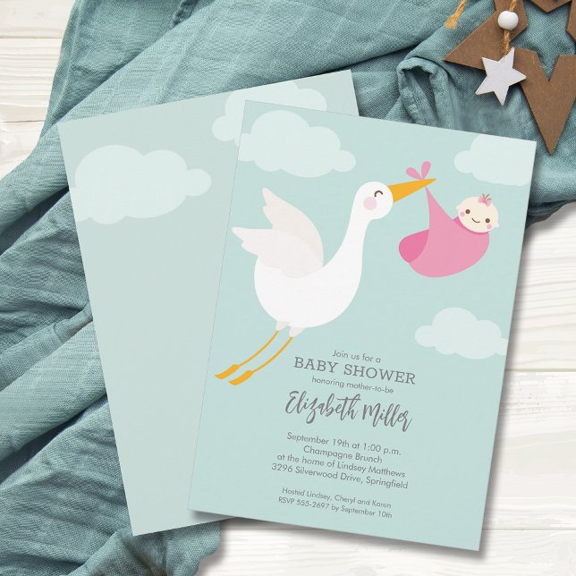 Invitation Cute Pink Bundle Stork Baby shower fille (Cute Pink Bundle Stork Girl Baby Shower Invitations, PRINTED and/or INSTANT DOWNLOAD)