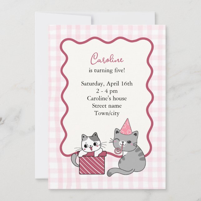 Invitation Cute Pink Cat Kid's Birthday Party (Devant)