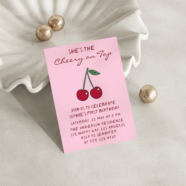 Invitation Cute Pink Cherry on Top First Birthday (Créateur téléchargé)