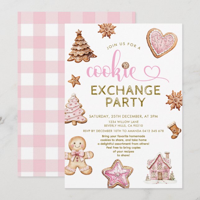 Invitation Cute Pink Christmas Cookie  Exchange Party  (Devant / Derrière)