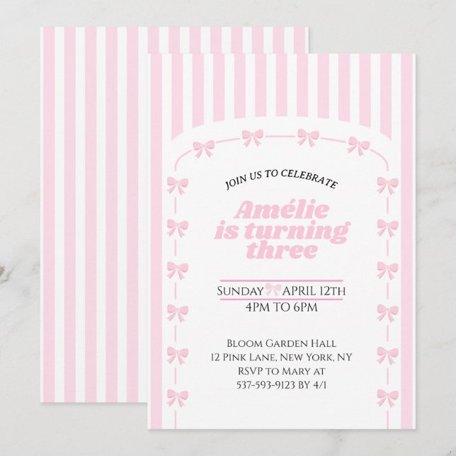 Invitation Cute Pink Coquette Bow 3rd Birthday Girl  (Devant / Derrière)