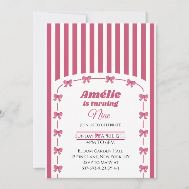 Invitation Cute Pink Coquette Bow Girl 9th Birthday  (Devant)