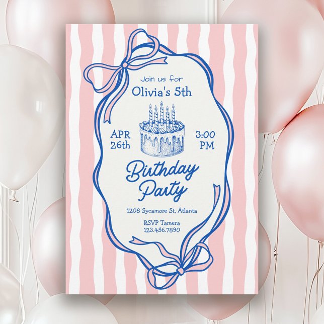 Invitation Cute Pink Doodle Frame and Bows 5th Birthday (Available in both printed and instant download digital formats.)