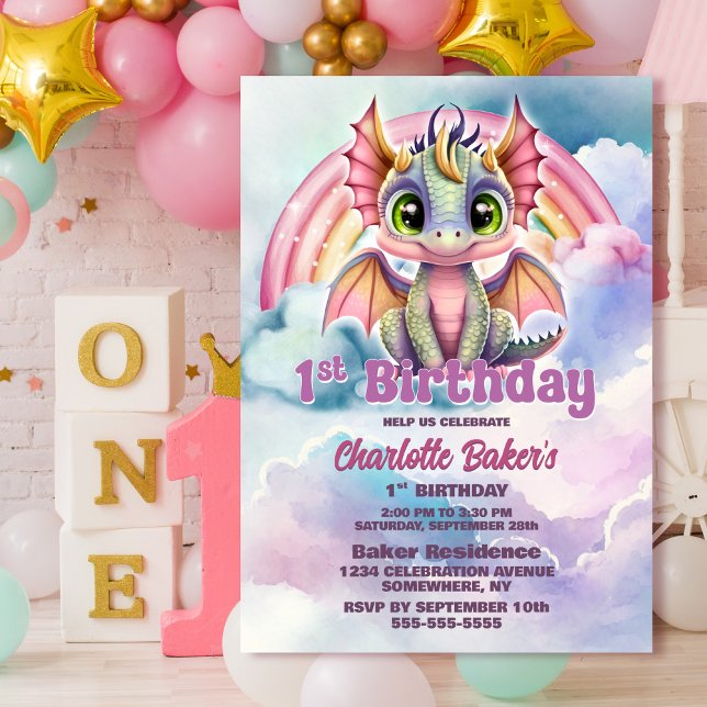 Invitation Cute Pink Dragon 1ère fête d'anniversaire (Créateur téléchargé)