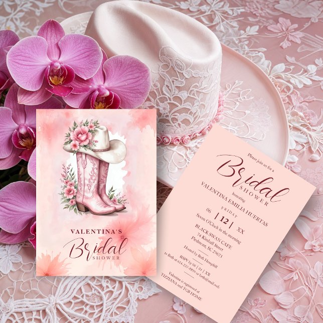 Invitation Cute Pink Floral Cowgirl Hat & Boots Bridal Shower (Cute Pink Floral Cowgirl Hat & Boots Bridal Shower Invitations Cards. )