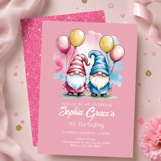 Invitation Cute Pink Gnome 1er Anniversaire (Créateur téléchargé)