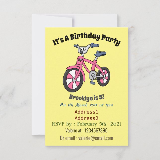 Invitation Cute pink kids bicycle cartoon illustration (Devant)
