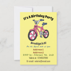 Invitation Cute pink kids bicycle cartoon illustration