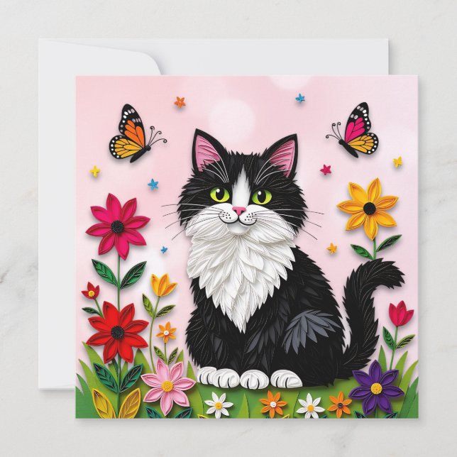 Invitation Cute Pink Kitty Cat in Flowers (Devant)
