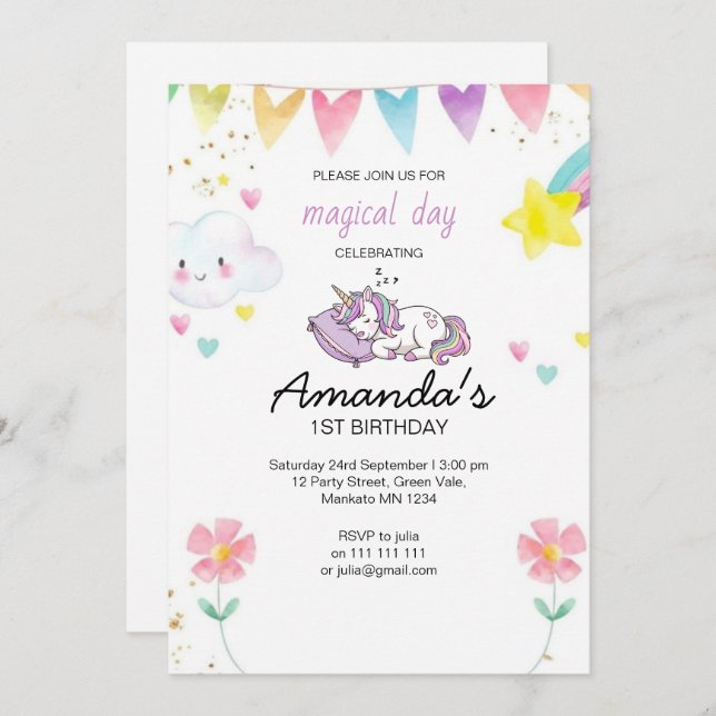 Invitation Cute Pink Purple Unicorn Confetti Birthday Party (Devant / Derrière)