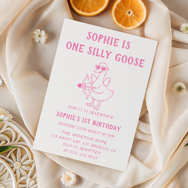 Invitation Cute Pink Silly Goose 1st Birthday (Créateur téléchargé)