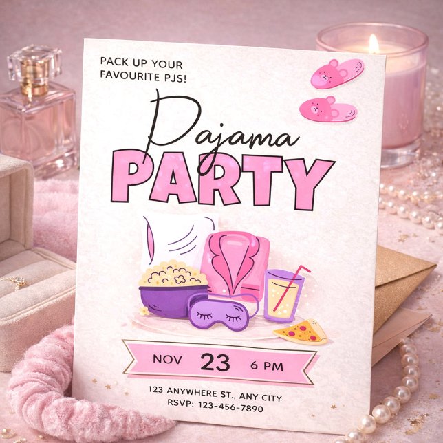 Invitation Cute Pink Sleepover for Girls Pajama Party (Cute Pink Sleepover for Girls Pajama Party Invitation, Slumber Party Invite)