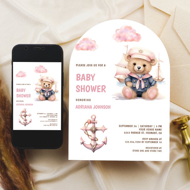 Invitation Cute Pink Teddy Bear Nautical Girl Baby Shower (Créateur téléchargé)