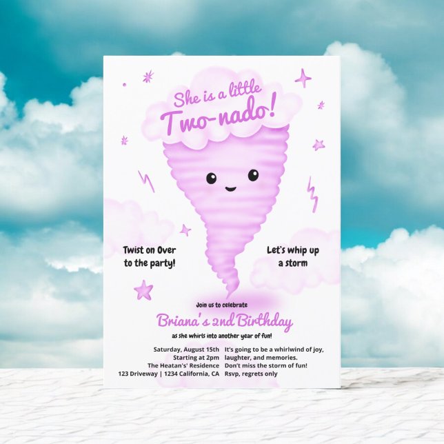 Invitation Cute Pink Tornado Thème 2ème anniversaire Fête des (Cute Pink Tornado Themed 2nd Birthday Kids party Invitation)