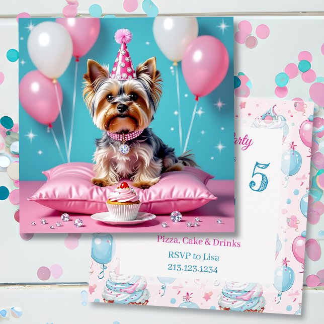 Invitation Cute Pink Yorkie Girl's  Birthday Party (Créateur téléchargé)