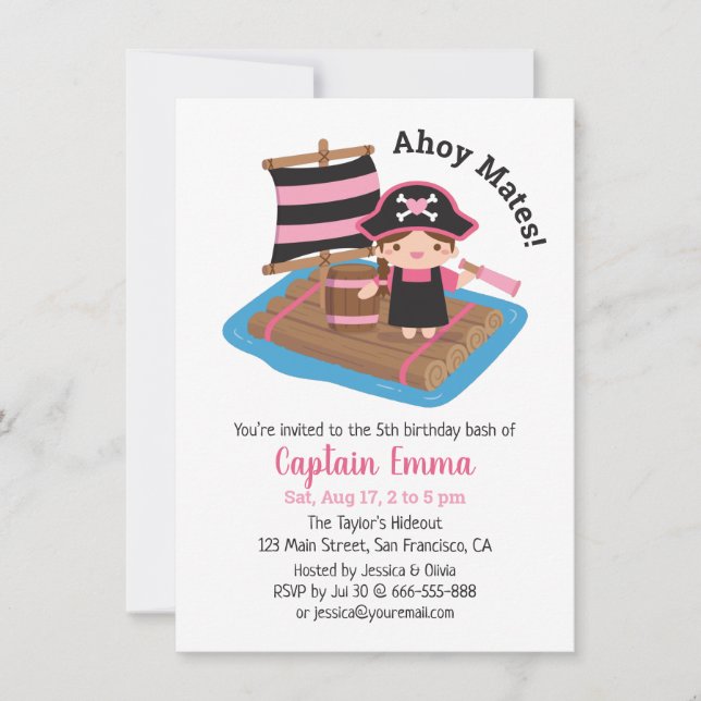 Invitation Cute Pirate Capitaine Girl Raft Enfant fête d'anni (Devant)