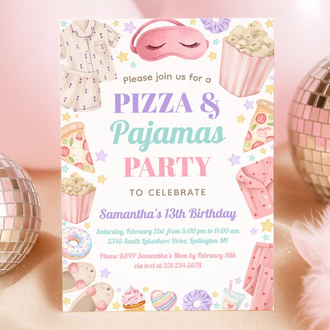 Invitation Cute Pizza & Pajamas Slumber Party Girl Birthday (Cute Pizza & Pajamas Slumber Party Girl Birthday Invitation)