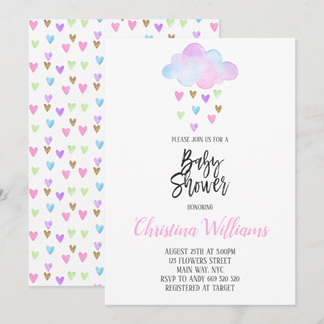 Invitation Cute pluie nuageuse Rainbow Watercolor Baby shower (Devant / Derrière)
