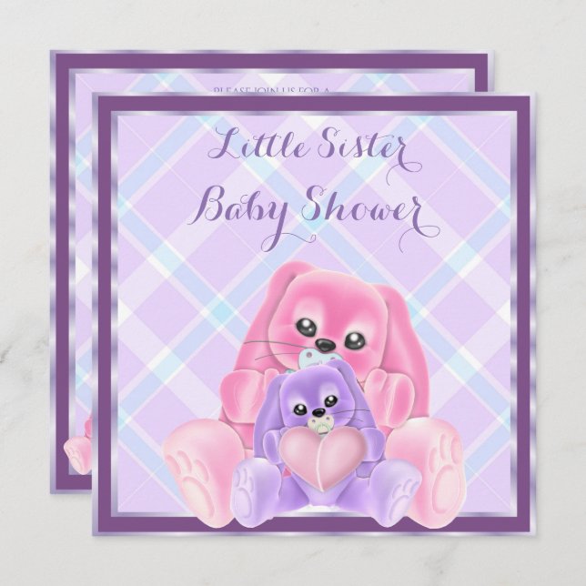 Invitation Cute Plushies Petit Baby shower Soeur (Devant / Derrière)