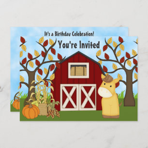 Invitation Cute Pony et Red Barn Automne Cheval Anniversaire