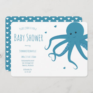 Invitation Cute poulpe Coeur Bleu Baby shower horizontal