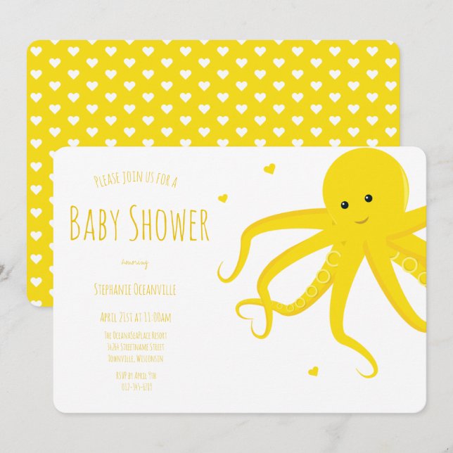 Invitation Cute poulpe Coeur Jaune Baby shower horizontal (Devant / Derrière)