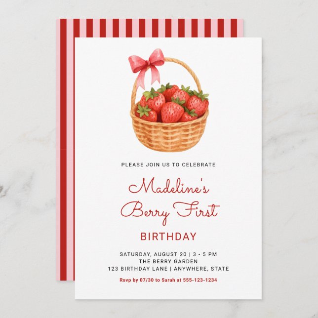 Invitation Cute Preppy Berry First Strawberry Birthday (Devant / Derrière)
