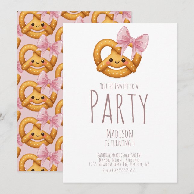 Invitation Cute Pretzel Girl Birthday Party (Devant / Derrière)