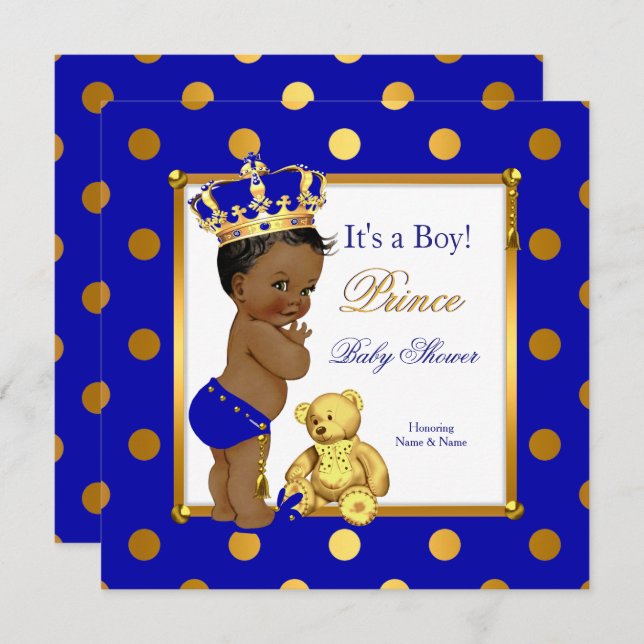Invitation Cute Prince Baby shower Boy Royal Blue Gold Ethnic (Devant / Derrière)