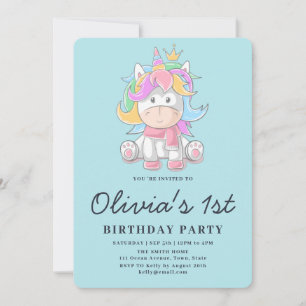 Invitation Cute Princess Unicorn 1er anniversaire