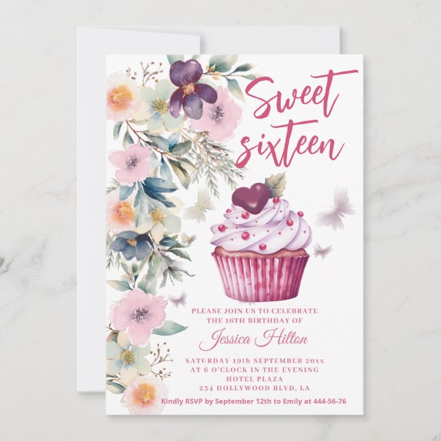 Invitation Cute Printemps boho floral cupcake doux 16 (Devant)