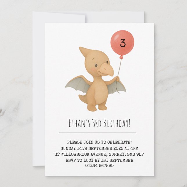 Invitation Cute Pterodactyl tenant Blonde rose Anniversaire (Devant)