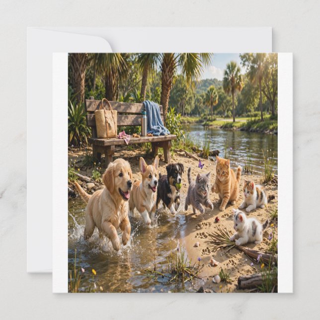 Invitation Cute Puppies & Kittens Riverside Adventure  (Devant)