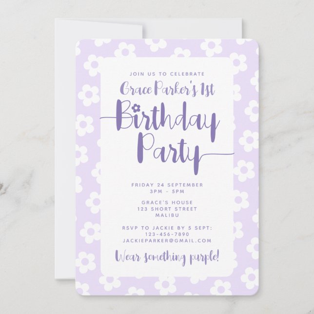 Invitation Cute Purple Daisy Pattern 1st Birthday Party (Devant)
