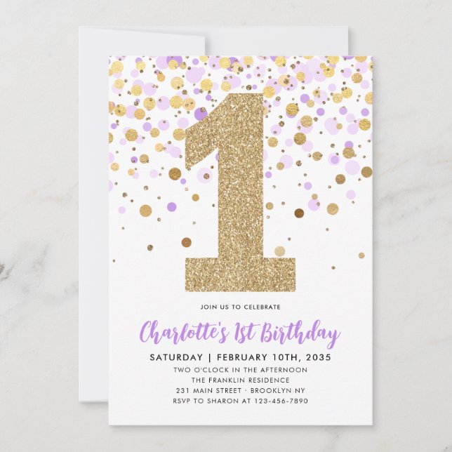 Invitation Cute Purple Gold Parties scintillant Confetti 1er  (Devant)