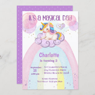 Invitation Cute Purple Unicorn 2e Anniversaire Rainbow