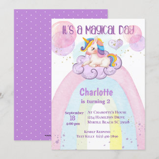 Invitation Cute Purple Unicorn 2e Anniversaire Rainbow