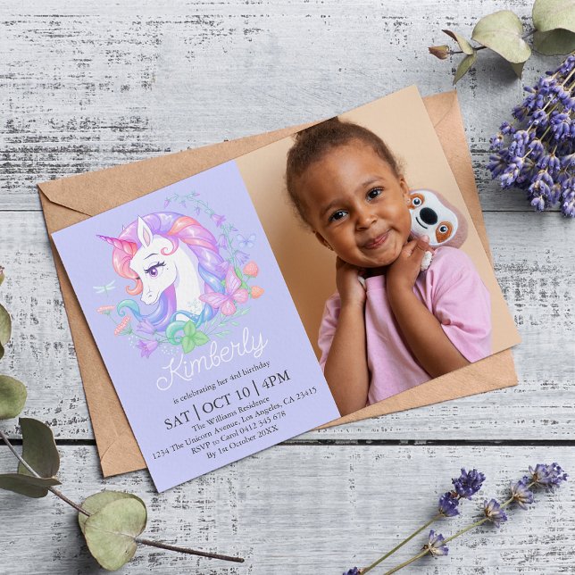 Invitation Cute Purple Unicorn Tous les âges Photo Anniversai (Créateur téléchargé)