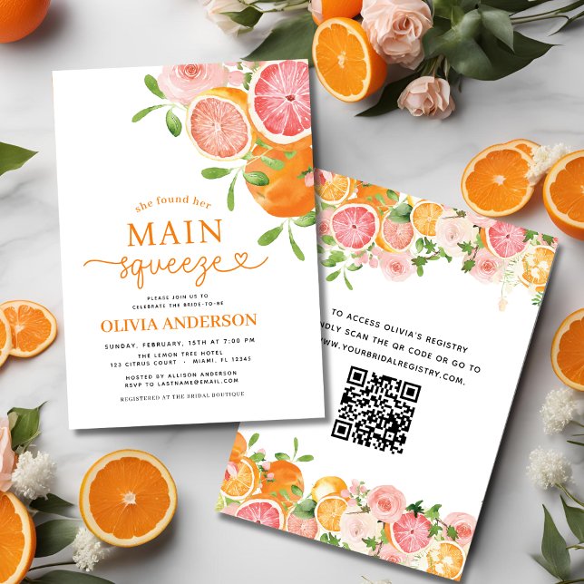 Invitation Cute QR Code Citrus Main Squeeze Fête des mariées (Créateur téléchargé)