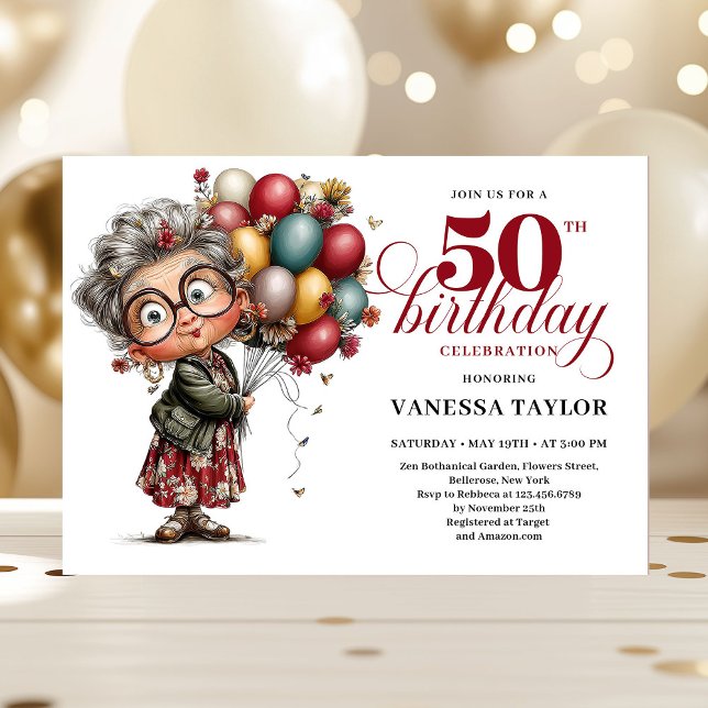 Invitation Cute quirky lady turning 50 humorous birthday card (Cute quirky lady turning 50 humorous birthday card)